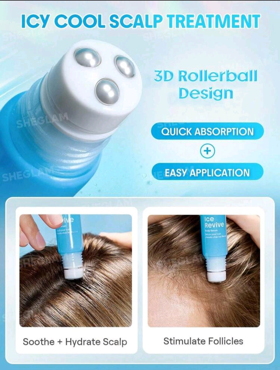 Sheglam Hair Ice Revive Scalp Serum,Cooling Alpine Water Roll, Hair Massage