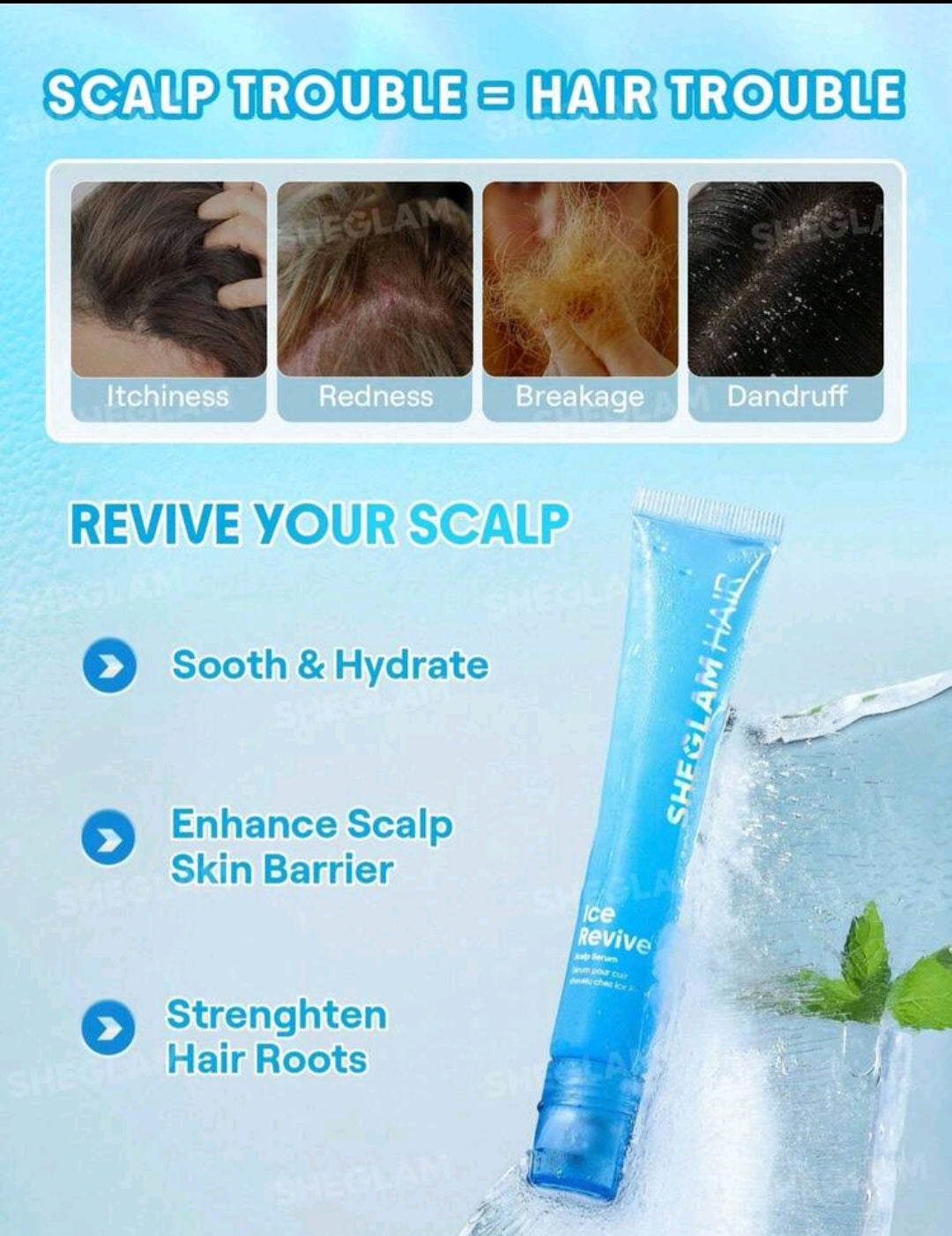 Sheglam Hair Ice Revive Scalp Serum,Cooling Alpine Water Roll, Hair Massage